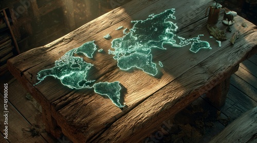 World map on wooden table