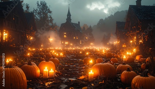 Spooky Halloween village enchanted with countless glowing pumpkins and candles creating a magical, eerie atmosphere for festive celebrations.