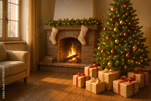 Warm and cozy Christmas living room interior featuring a beautifully decorated tree, glowing fireplace, and wrapped gifts. Perfect for holiday advertising, lifestyle blogs, and seasonal greeting cards