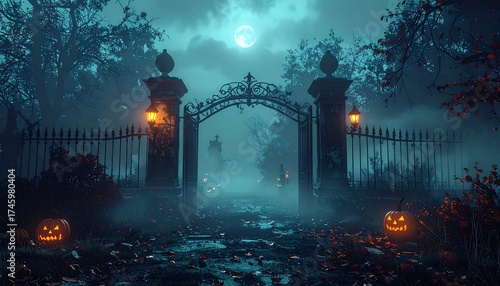 Spooky Halloween graveyard entrance with glowing pumpkins under a full moon, inviting eerie adventure and mystery.
