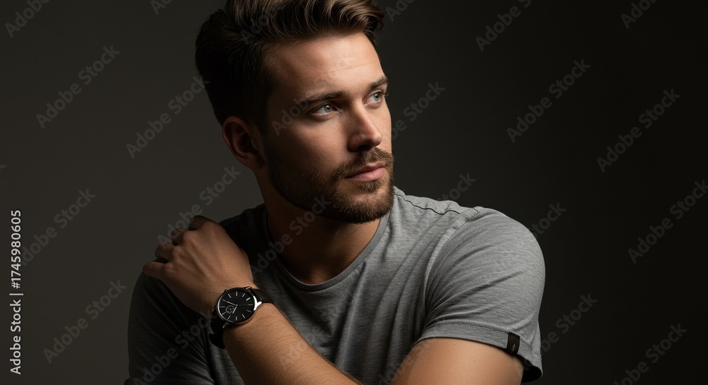 Obraz premium Portrait of a Thoughtful Man Wearing a Watch in Studio Lighting, Perfect for Lifestyle and Fashion Concepts