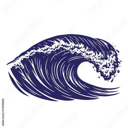 Detailed blue wave illustration in vintage japanese ukiyo-e style isolated on white background