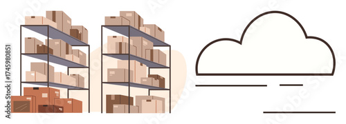 Stacked shelves filled with boxes and a cloud icon to represent online storage, data, logistics, and inventory systems. Ideal for technology, supply chain, e-commerce, record management, warehousing