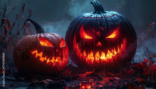 Spooky carved pumpkins glow with fierce orange light on a dark, rainy Halloween night amidst fallen leaves, creating an eerie atmosphere.