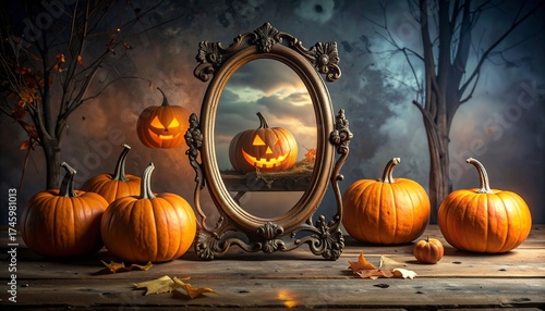 Spooky Halloween pumpkins glow with eerie light reflected in an antique ornate mirror against a dramatic twilight sky and bare trees