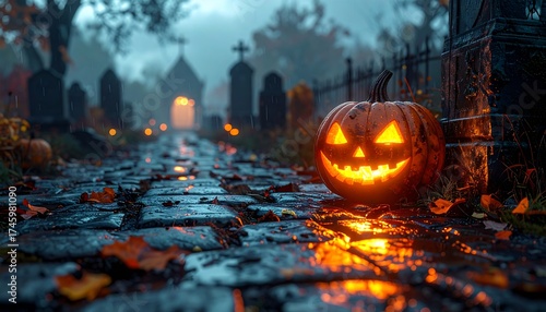 Spooky glowing jack o'lantern illuminates rainy cobblestone path in eerie cemetery, creating perfect Halloween atmosphere.