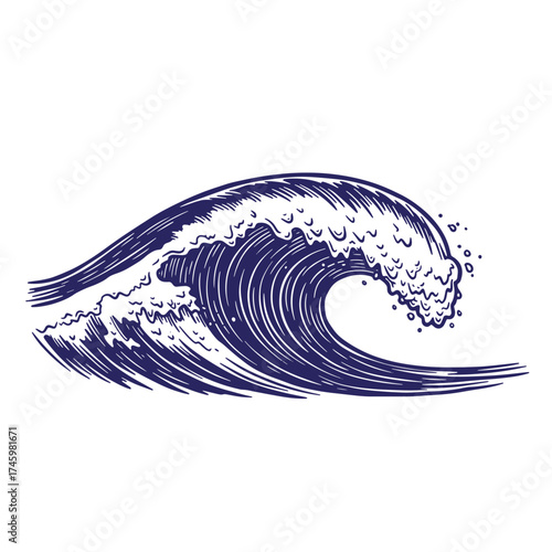 Elegant vintage engraved ocean wave surging against a white background