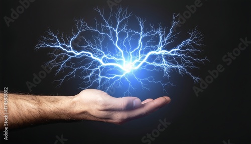 Male hand holding a glowing ball of electricity.