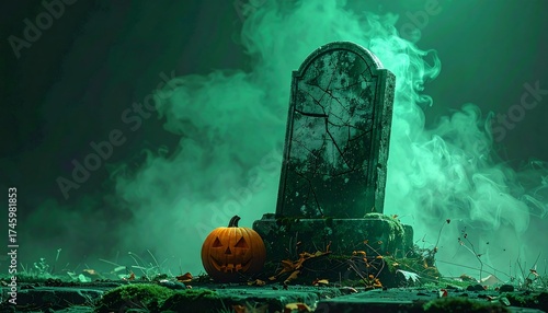 Spooky Halloween graveyard scene with glowing jack-o'-lantern beside weathered tombstone shrouded in eerie green mist