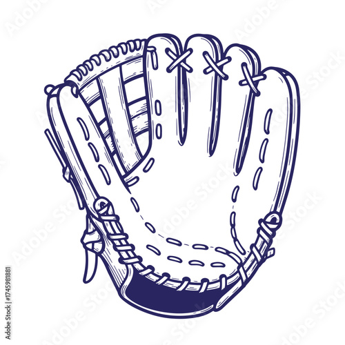 Hand-drawn vintage baseball glove in navy blue ready for catching the hardball