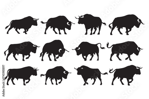 A collection of black silhouette illustrations of bulls in various dynamic poses, showcasing their power and strength against a plain background isolated on transparent background