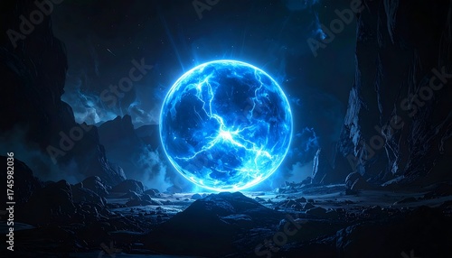 Mystical Blue Energy Orb in a Dark Cavern.