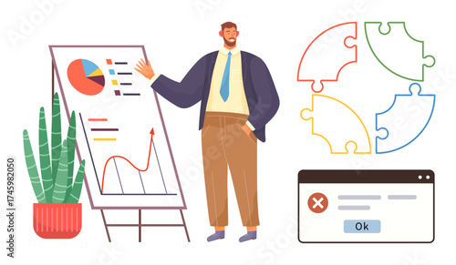 Professional analyzing trends on a flipchart with colorful pie chart and graph, aligned puzzle pieces, and error popup. Ideal for business growth, teamwork, analytics, leadership, strategy