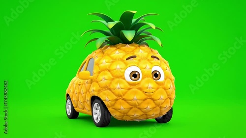 Pineapple character driving a car on a vibrant green background