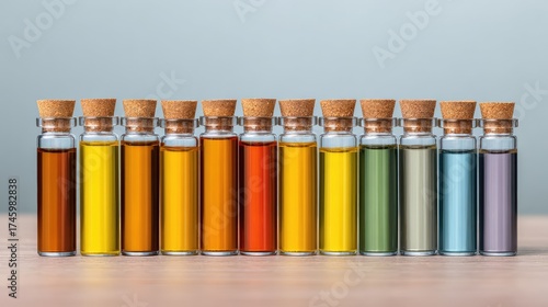 Assorted Glass Vials with Colorful Liquid Oils in Different Shades Placement on a Wooden Surface Against an Abstract Light Background