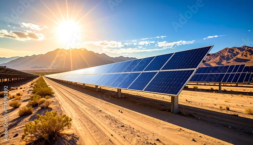 Solar Panel Farm in a Desert Mountain Landscape at Sunset.