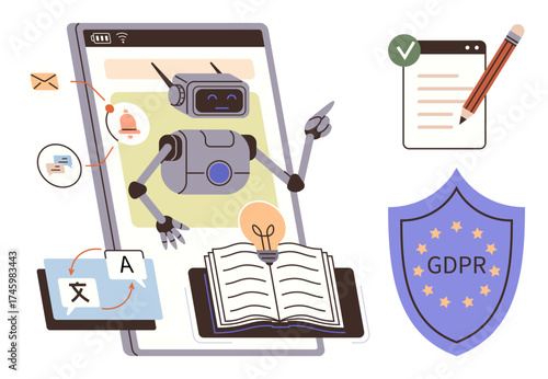 Robot interacting with books, translation tools, GDPR emblem, and tasks on tablet screen. Ideal for AI, automation, data security, GDPR education language services and digital technology. Simple