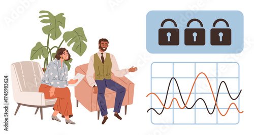 Two colleagues engage in discussion on couches beside plant, showcasing connections between data security and analytics. Ideal for teamwork, technology, privacy, innovation, collaboration, strategy