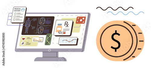 Computer screen displaying patient medical records, DNA, prescriptions, and health charts with a coin symbolizing healthcare costs. Ideal for medical billing, finance, healthcare technology, patient