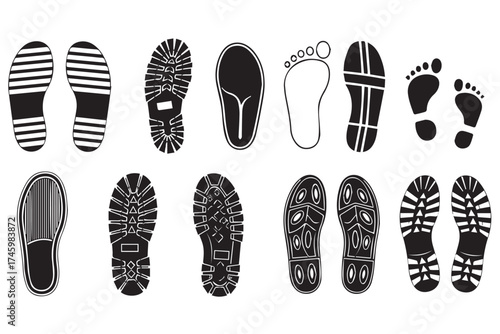 Collection of various shoe prints and footprints, including boots, sandals, and bare feet, isolated on transparent background
