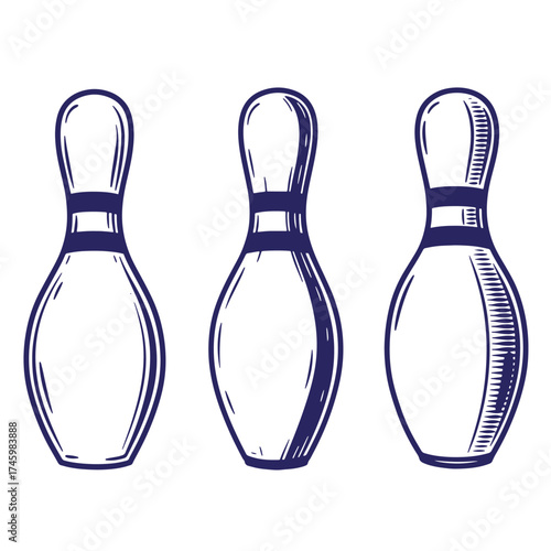Vector illustration of three bowling pins in a vintage hand drawn engraving style