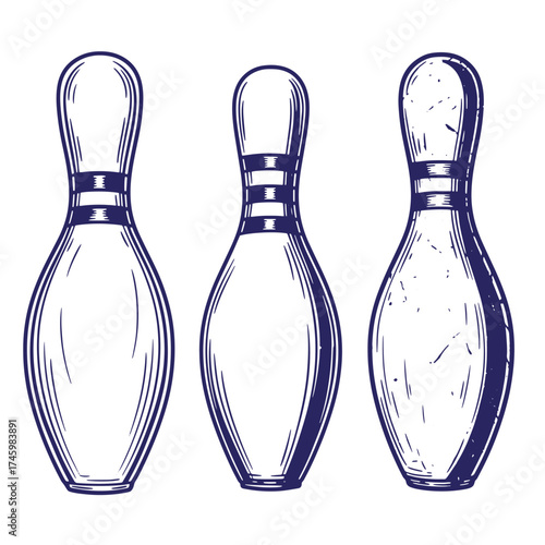 Vector illustration of three bowling pins in a vintage hand drawn engraved style