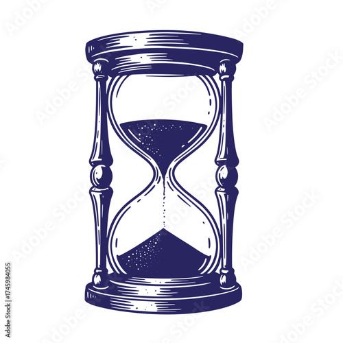 Vintage engraved hourglass illustration showing time passing and measurement with fine details