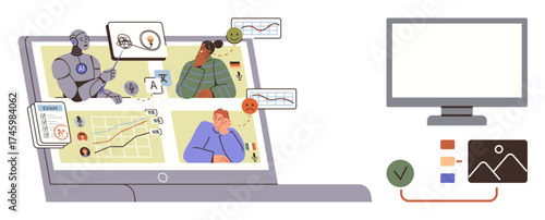Laptop showing AI interactions, human users analyzing data, graphs, feedback icons, diverse work scenarios. Ideal for AI usage, teamwork, data analysis, education tech innovation communication