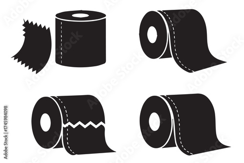 Four black silhouette icons of toilet paper rolls, isolated on transparent background