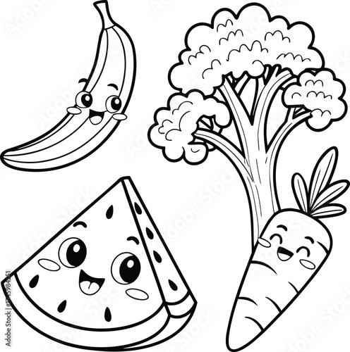 “Cute Kawaii Fruit and Vegetable Coloring Page Set, Happy Banana Broccoli Watermelon and Carrot for Kids”
