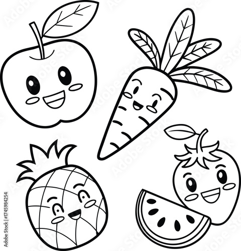 “Cute Kawaii Fruit and Vegetable Characters Coloring Page, Happy Apple Carrot Pineapple Strawberry and Watermelon Line Art for Kids”