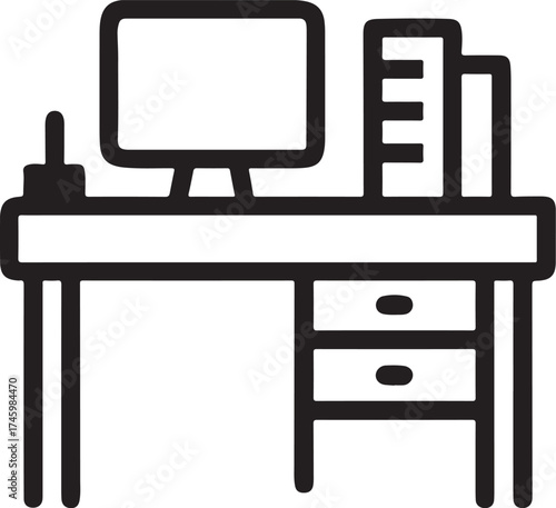 Simple line art illustration of a desk with computer and books