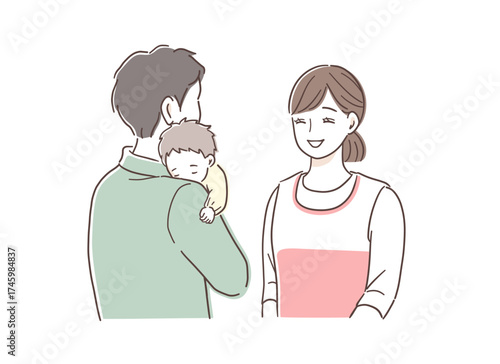 登園時に保育士に子供を預ける父親のイラスト素材
