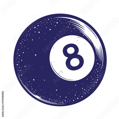 Vintage illustration of a navy blue eight ball with stardust for design elements