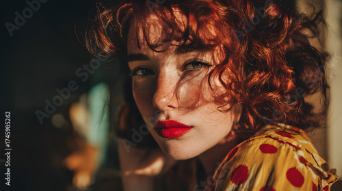woman, girl, young, view, look, render, photo, picture, research, cast, post, script, ligth, red hair, red lips, 