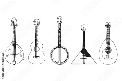A collection of stringed musical instruments including guitars, a mandolin, and a banjo, isolated on transparent background