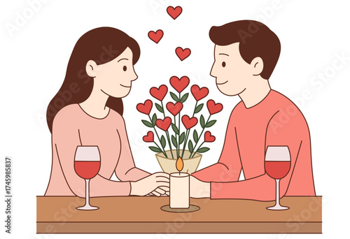 Romantic dinner date illustration with couple holding hands and heart bouquet