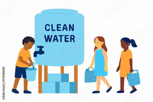 Children Collecting Clean Water from Community Tank Vector