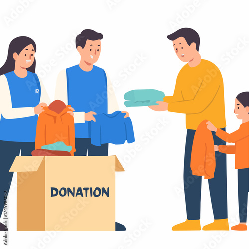 People Receiving Donated Clothes from Community Volunteers Vector