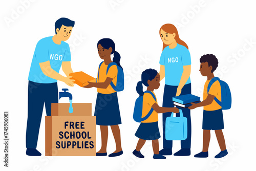 Students Receiving Free School Supplies from NGO Volunteers Vector