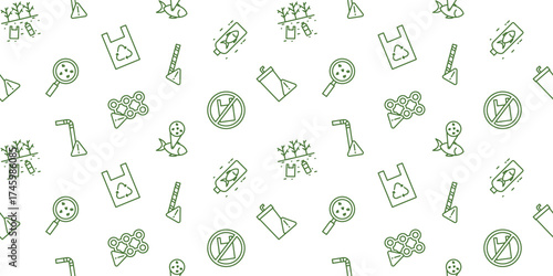 Seamless Environmental and Plastic Pollution Icon Pattern, Green Minimal Line Art Background, Eco-Friendly Global Warming Doodle Texture Wallpaper