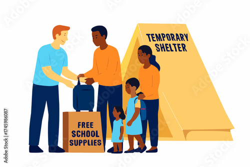 Family Receiving Temporary Shelter Assistance from Relief Organization Vector