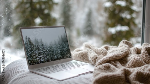 Laptop on cozy blanket by window, screen showing snowy trees, with real snowy forest outside
