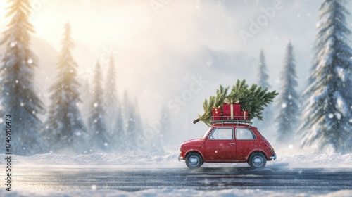 Red vintage car transporting a festive Christmas tree and gift boxes on a snowy winter mountain road with falling snow