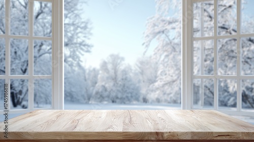 Empty wooden table by an open window overlooking a serene snowy winter forest landscape