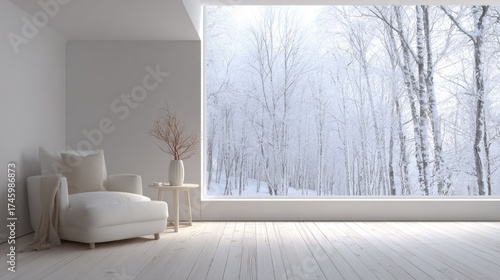 Cozy minimalist living room interior with white armchair overlooking tranquil snowy winter forest view through large window