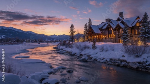 Scenic winter evening at a rustic mountain lodge by a partially frozen river under a colorful twilight sky