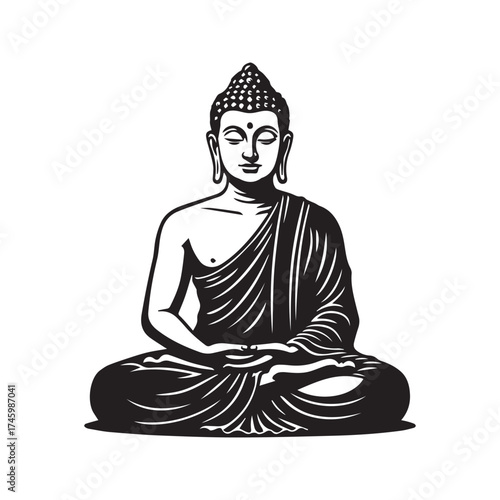 Meditating Buddha in Lotus Pose: Black and White Vector Illustration of Gautama for Spiritual and Religious Concepts
