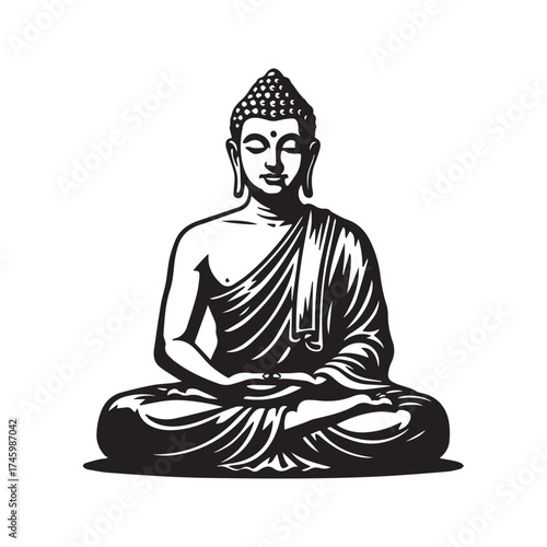 Meditating Buddha in Lotus Pose: Black and White Vector Illustration of Gautama for Spiritual and Religious Concepts
