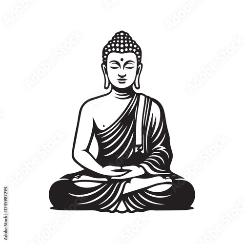 Meditating Buddha in Lotus Pose: Black and White Vector Illustration of Gautama for Spiritual and Religious Concepts
